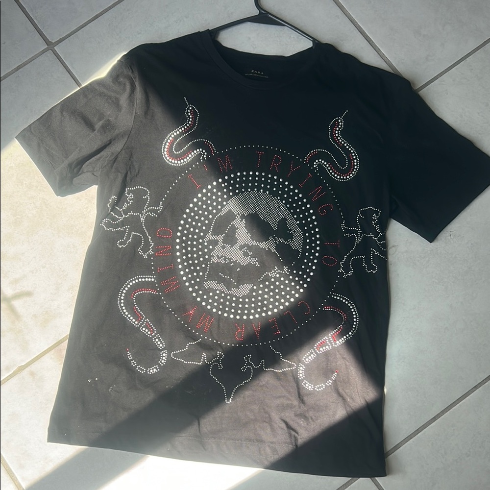 Zara Black Graphic Tee with Red Accents